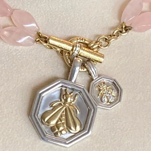 Designer SLANE ~ 18K Yellow Gold ~ Rose Quartz & Diamond Necklace Double Strand - Picture 6 of 16